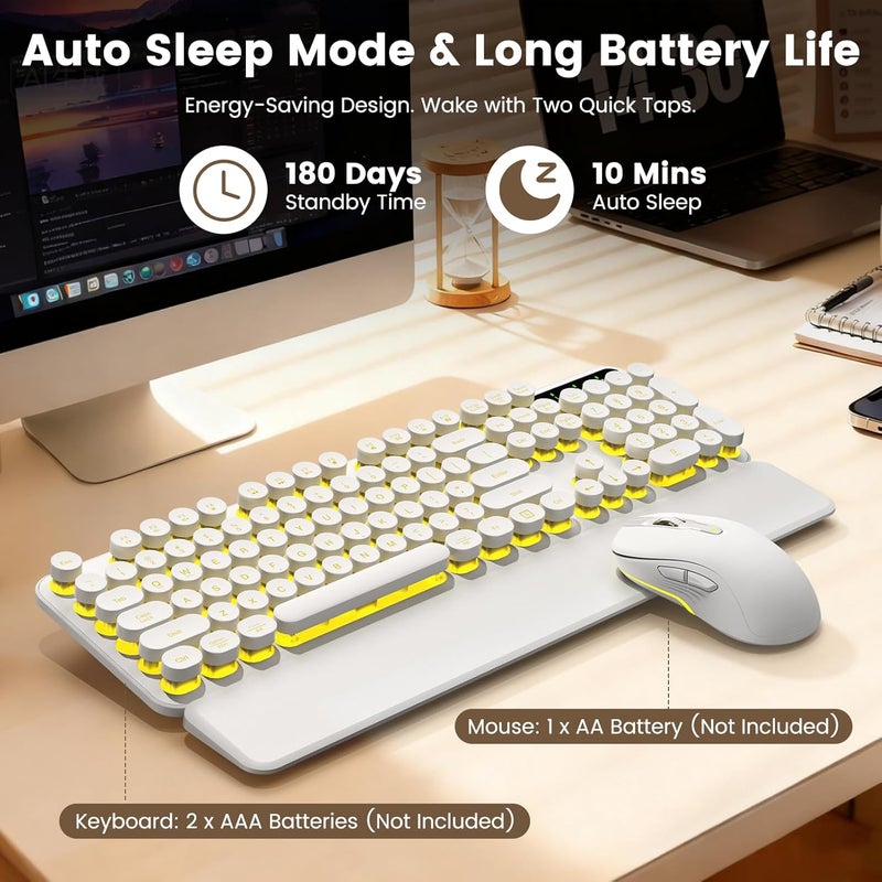 SABLUTE Wireless Keyboard and Mouse Combo, Backlit Round Keycaps, Retro Typewriter Keyboard with Detachable Wrist Rest, Rechargeable & Tilt Legs, 2.4GHz Cordless Connection for Windows/PC (Glowing White) - Image 5